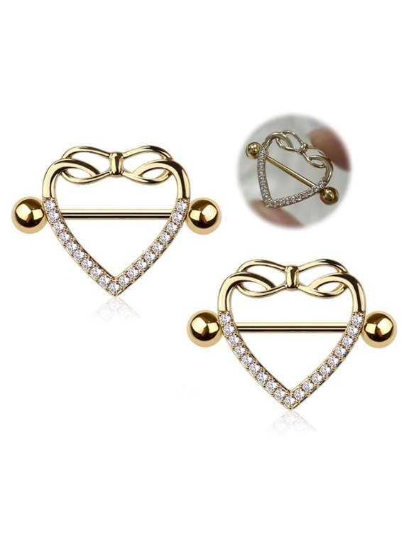 2PCS 14G Surgical Steel PVD Gold Nipple Shield Rings Clear CZ Infinity Love Heart Nipple Barbell Nipplerings Piercing Jewelry 14mm 9/16 Inch