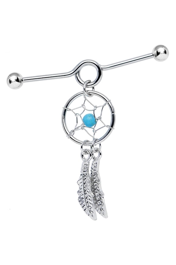 316L Surgical Steel 14G Dream Catcher Feather Dangle Industrial Barbell Earring Bar Helix Piercing Jewelry 38mm 1 & 1/2 Inch