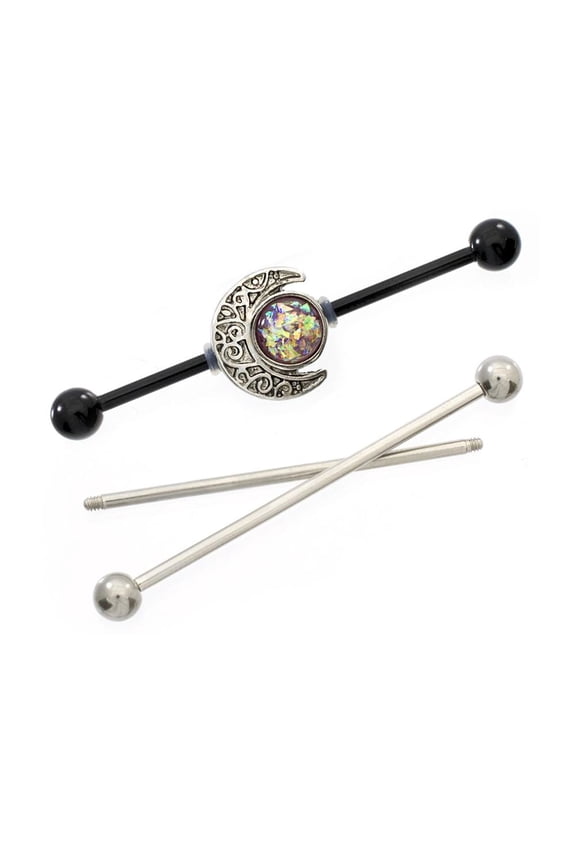 3PCS 14G Surgical Steel PVD Black Industrial Barbell AB Opal Center Crescent Moon Industrial Earrings Bar Piercing Jewelry 32mm 35mm 38mm