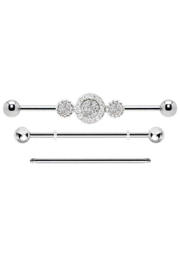 3PCS Surgical Steel 14G Industrial Barbell Triple Circle Crystal Clear CZ Industrial Earrings Bar Piercing Jewelry 32mm 35mm 38mm