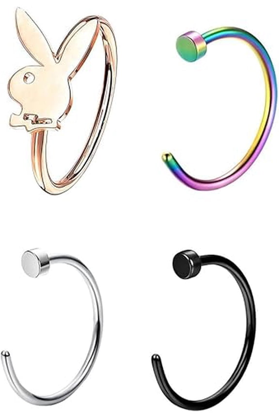 4PCS 316L Surgical Steel 20G Nose Rings Hoop for Men Women C Shape Nose Ring Playboy Bunny Nose Hoop Stud Nose Piercing Jewelry 5/16" 8mm