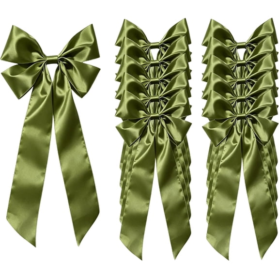 Satmonnus 10-Pack Olive Green Christmas Bows for Christmas Tree, 12×36“ Large Pre-Tied Satin Ribbon Bows with Long Tails for Wreath, Garland, Gifts and Holiday Decorations