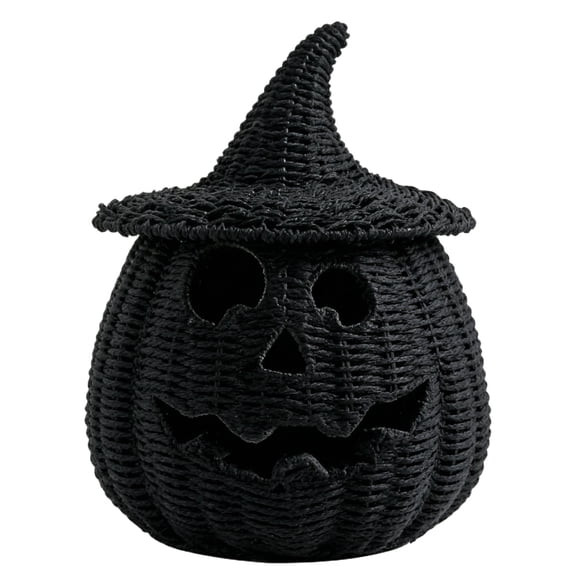 Satmonnus 11 Inch Handwoven Wicker Pumpkin Jack-O'-Lantern with Detachable Witch Hat Lid, Halloween Pumpkin Decoration with LED Candle, Rattan Fall Autumn Harvest Tabletop Decor for Home Porch
