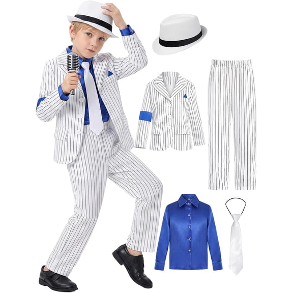 Satmonnus 1920s Pinstripe Suit Halloween Costume for B'oys, 5 Piece Retro Gangster Outfit with Blazer, Pants, Shirt, Tie and Fedora Hat for Halloween, Jazz Party, Stage Performance and Dress Up