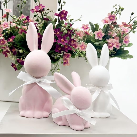 Satmonnus 3 Pcs Easter Flocked Bunny Figurines Decor, Colorful Flocked Rabbits Statues for Spring Home Decorations, Moss Flocked Bunny Set for Tiered Tray, Tabletop, Mantle Decor