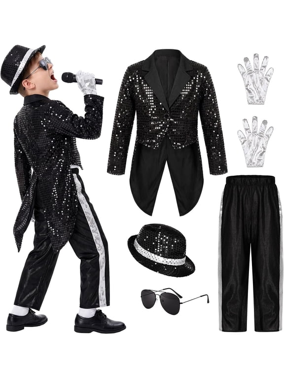 80s 90s Pop Star Costume for B'oys, Sequin Dance Performance Outfit with Jacket, Pants, Fedora Hat, Gloves and Sunglasses for Halloween, Disco Party, Talent Show and Stage Performance