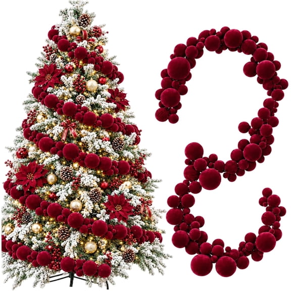 Satmonnus Burgundy Velvet Ball Christmas Garland Set of 2, 6FT Flocked Shatterproof Holiday Ornament Cluster Garland for Christmas Tree Mantel Staircase Party Decor