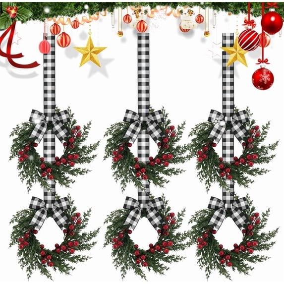 Satmonnus Christmas Mini Wreaths, Set of 6 Small Artificial Pine Cabinet Rings with Red Bows and Berries, Mini Holiday Door and Window Decor, Hanging Indoor Outdoor Christmas Decorations