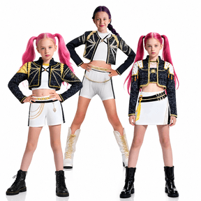Satmonnus Halloween G'irls Pop Star Costume Set - Black & Gold Dance Outfit with Crop Jacket and Shorts for K‘’ids Stage Performance & Halloween