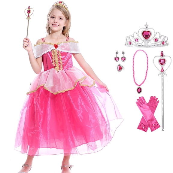 Satmonnus Halloween Pink Princess Dress for G'ir'ls, Deluxe K*-ids Dress Up Costume Clothes Set with Crown, Wand & Gloves for Birthday Halloween Party