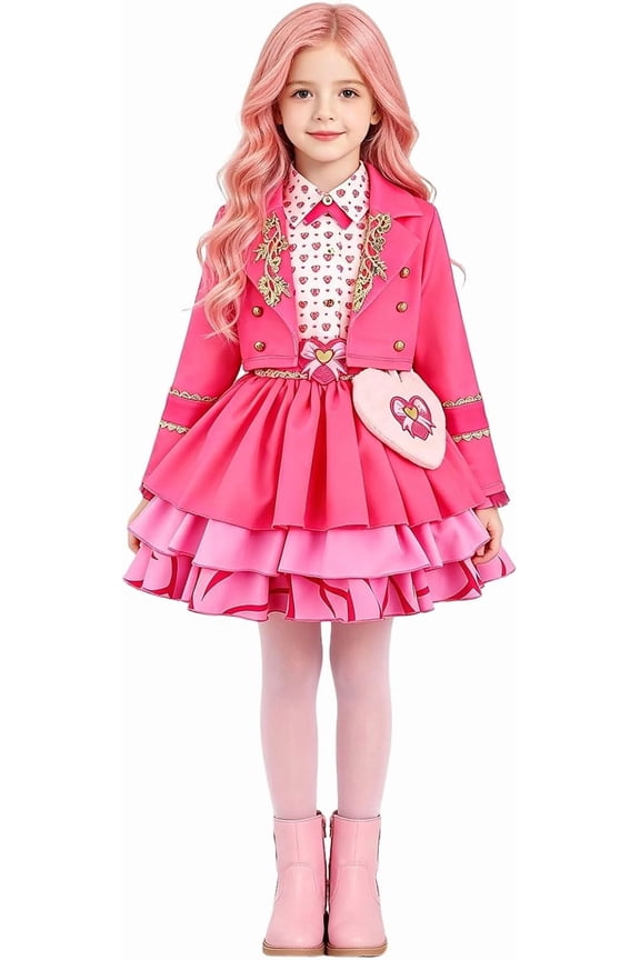 Halloween Princess Costume for G'irl's, Pink Princess Cosplay Costume Set with Jacket and Heart Bag, Deluxe Birthday Cosplay Party Dress Up Outfit for K*-ids