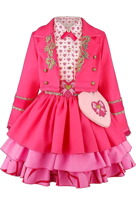 Halloween Princess Costume for G'irl's, Pink Princess Costume Dress Set with Crop Jacket, Heart Waist Bag and Layered Ruffled Skirt for Cosplay, Halloween & Birthday Party Outfits