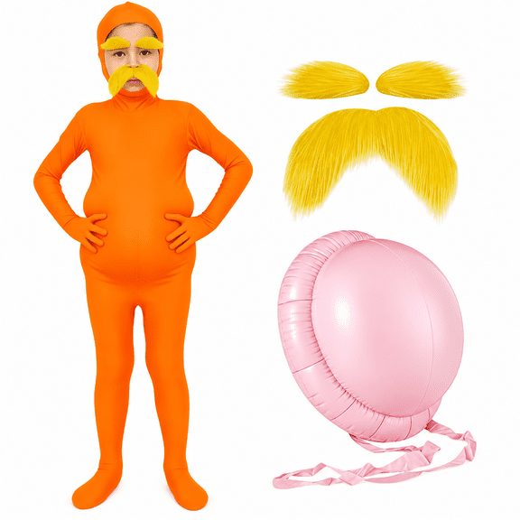 Satmonnus K'ids Orange Full Body Costume Set with Yellow Mustache, Eyebrows and Inflatable Belly Pad, Storybook Forest Character Bodysuit for Halloween Cosplay and Stage Performance
