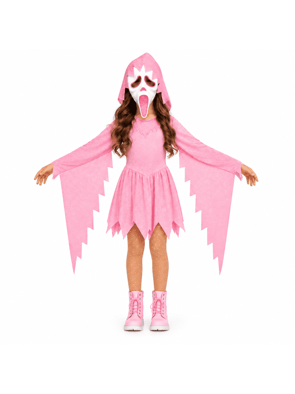 Pink Glitter Ghost Halloween Costume for G'irls, Hooded Ghost Costume Dress with Mask, Spooky Horror Halloween Party Cosplay Outfit for Masquerade and Themed Events