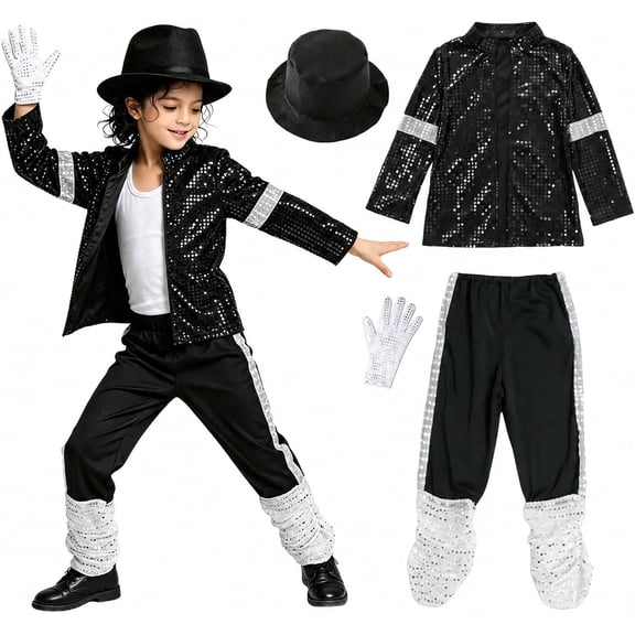 Satmonnus Retro Pop Star Costume for B'oys, Sequin Dance Performance Outfit with Sparkling Jacket, Side Stripe Pants, Fedora Hat and Single Glove for Halloween, Talent Show, Stage Party and Dress Up