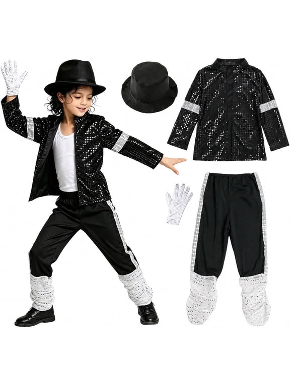Retro Pop Star Costume for B'oys, Sequin Dance Performance Outfit with Sparkling Jacket, Side Stripe Pants, Fedora Hat and Single Glove for Halloween, Talent Show, Stage Party and Dress Up
