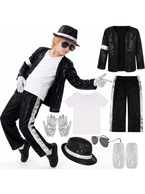Retro Pop Star Costume for B'oys, Sequin Dance Performance Outfit with Sparkling Jacket, Side Stripe Pants, Shirt, Fedora Hat, Gloves and Sunglasses for Halloween Stage Party