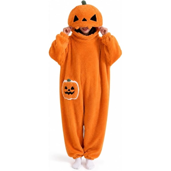 Satmonnus Unisex Adult Pumpkin Onesie Pajamas, Plush Jack-O-Lantern One-Piece Hooded Jumpsuit, Halloween Cosplay Costume Big Mouth Monster Sleepwear