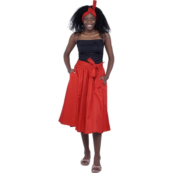Satsuma Red Color Midi Skirt for Women Fashion 100% Cotton |Midi Skirts with Pockets african Skirts for Women | One Size