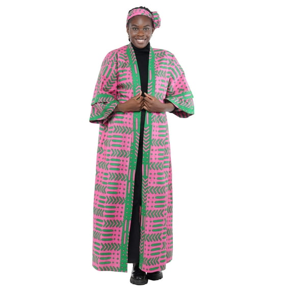 Satsuma Women's Long Kimono Robe with Pockets and Headwrap - African Print Trench Coat
