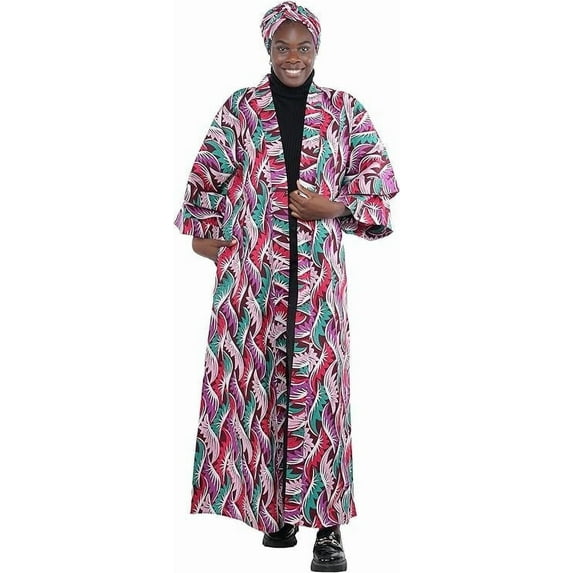 Satsuma Women's Long Kimono Robe with Pockets and Headwrap - African Print Trench Coat