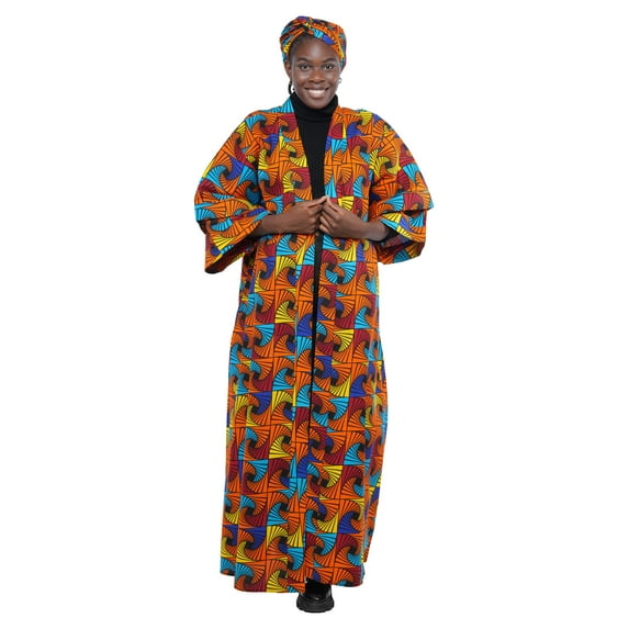 Satsuma Women's Long Kimono Robe with Pockets and Headwrap - African Print Trench Coat