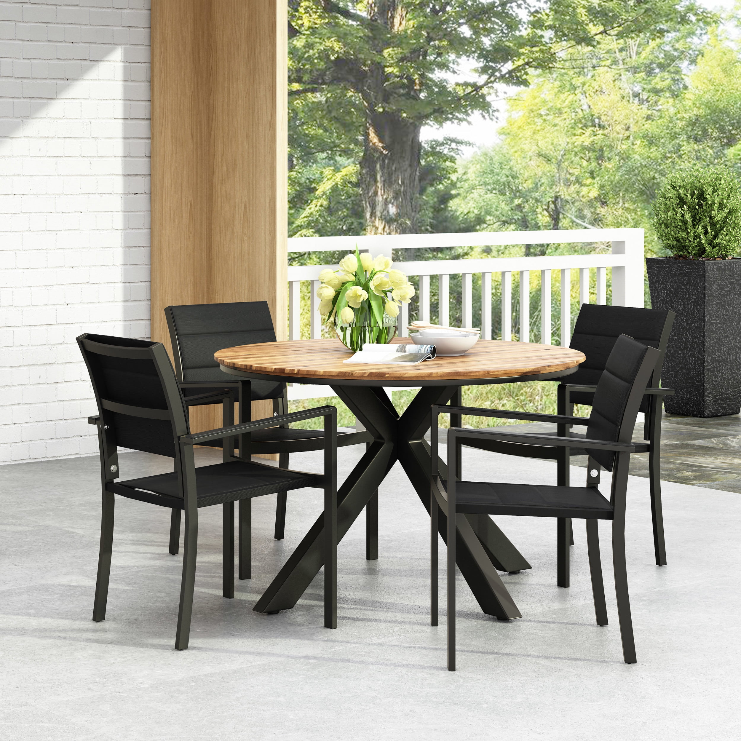Satterlee Mesh and Acacia Outdoor Wood 5 Piece Dining Set, Black and