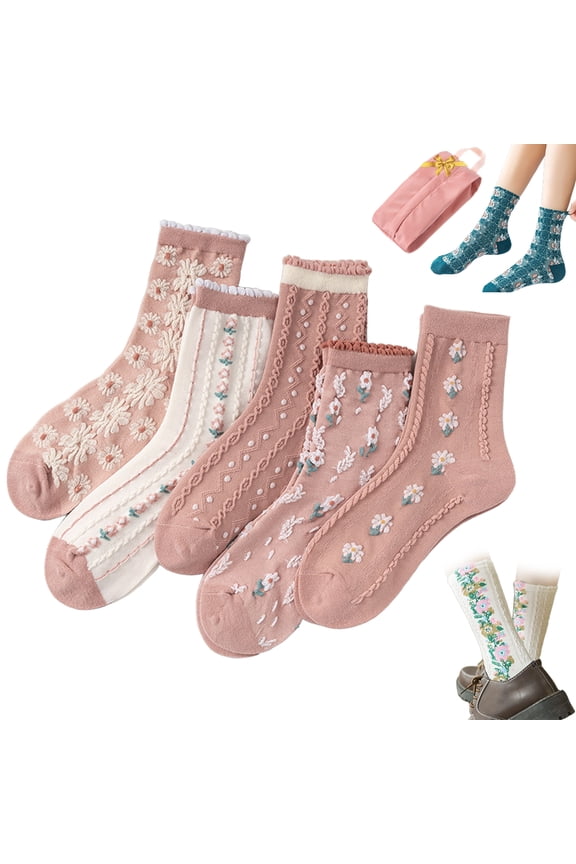 Saturatione 5 Pairs Vintage Embroidered Floral Socks,Women Floral Knitting Pattern Socks Fall Winter Boho Cute Tall Crew Sock(5Pairs-D)