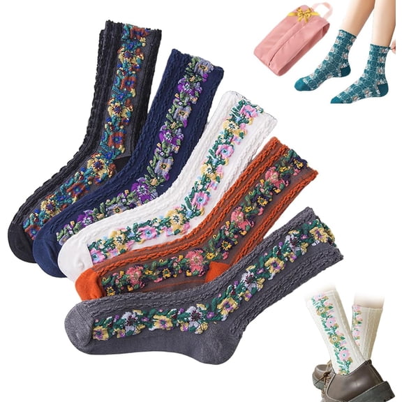Saturatione 5 Pairs Vintage Embroidered Floral Socks,Women Floral Knitting Pattern Socks Fall Winter Cute Boho Tall Crew Sock