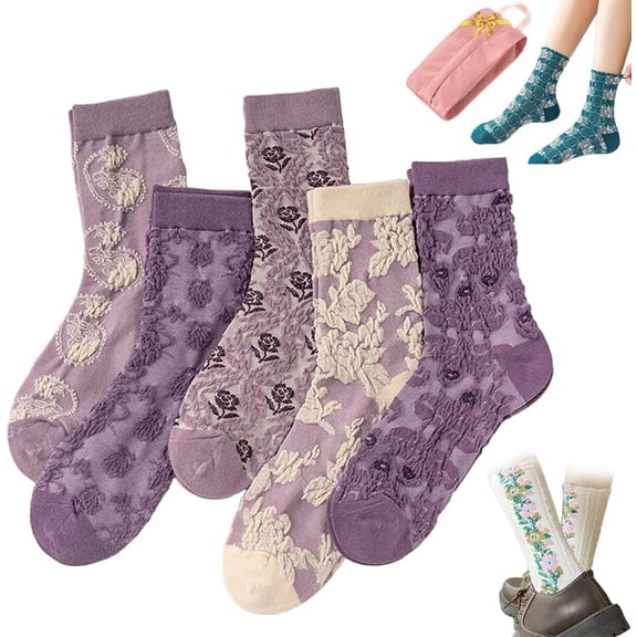 Saturatione 5 Pairs Vintage Embroidered Floral Socks,Women Floral Knitting Pattern Socks Fall Winter Cute Boho Tall Crew Sock