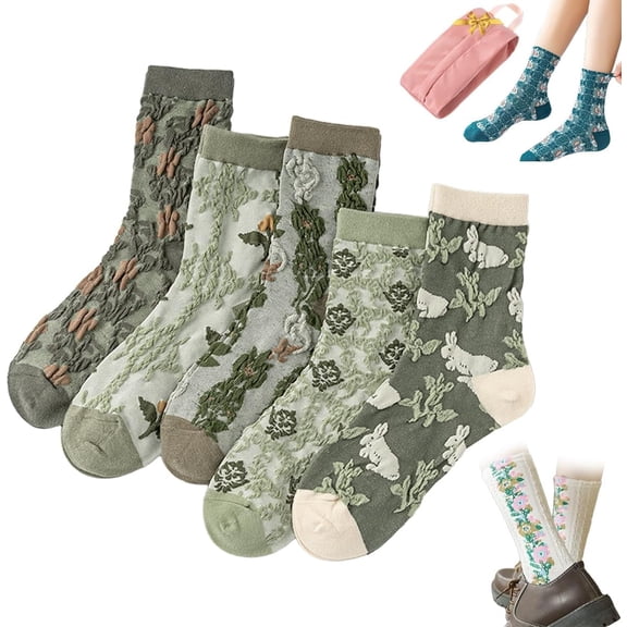 Saturatione 5 Pairs Vintage Embroidered Floral Socks,Women Floral Knitting Pattern Socks Fall Winter Cute Boho Tall Crew Sock