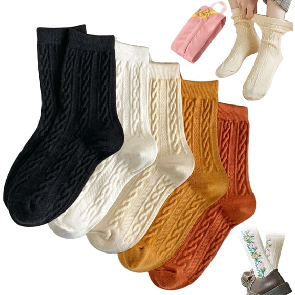 Saturatione 5 Pairs Vintage Embroidered Floral Socks,Women Floral Knitting Pattern Socks Fall Winter Cute Boho Tall Crew Sock