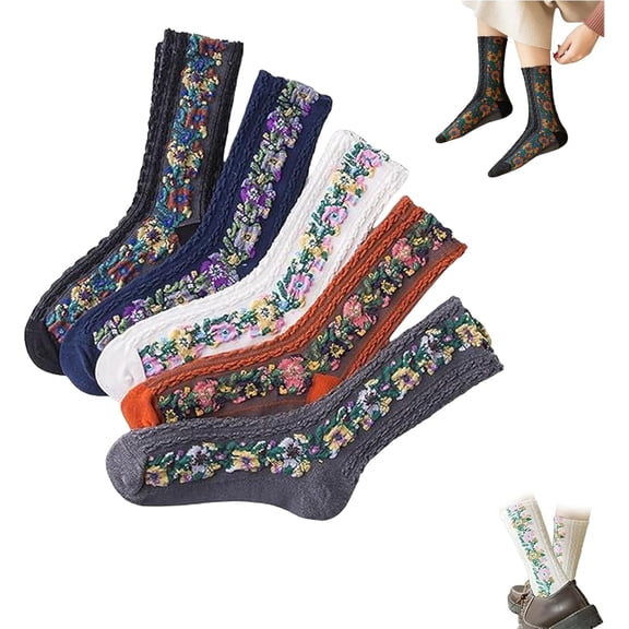 Saturatione Socks, Saturatione 5 Pairs Vintage Embroidered Floral Socks, Women's Cute and Comfortable Combed Cotton Crew Sock