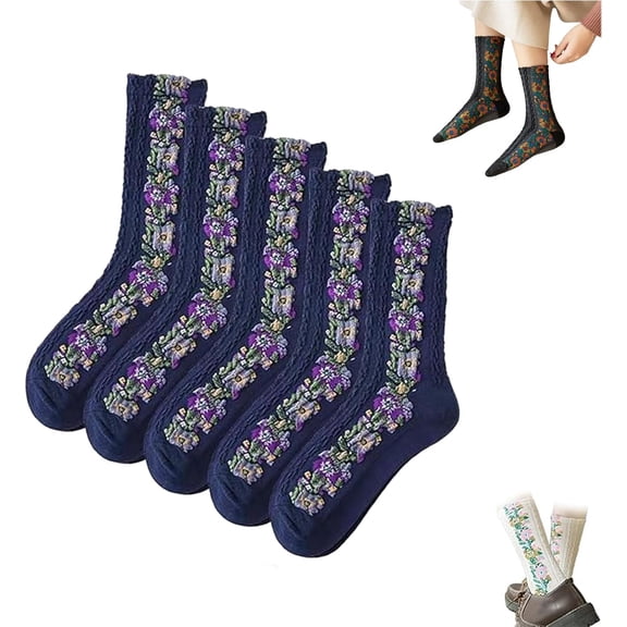 Saturatione Socks, Saturatione 5 Pairs Vintage Embroidered Floral Socks, Women's Cute and Comfortable Combed Cotton Crew Sock