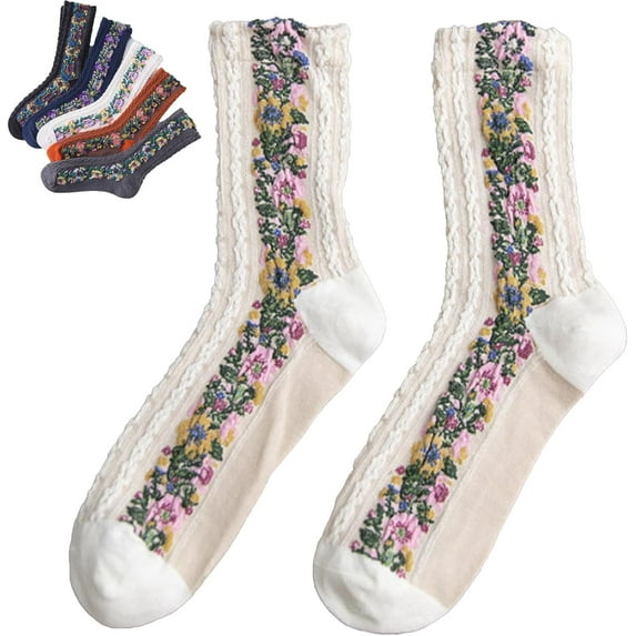 Saturatione Socks-Vintage Embroidered Floral Socks, Women’s Retro Cotton Soft Breathable Dress Sock Fall Winter