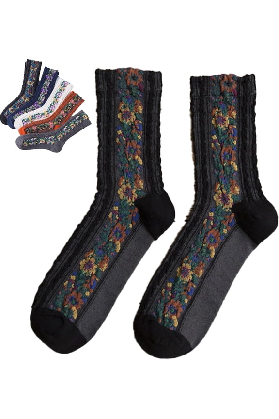 Saturatione Socks-Vintage Embroidered Floral Socks, Women’s Retro Cotton Soft Breathable Dress Sock Fall Winter