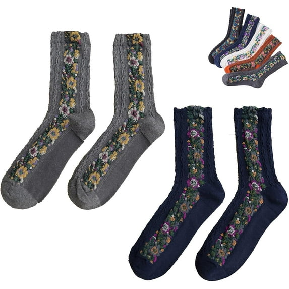 Saturatione Socks-Vintage Embroidered Floral Socks, Women’s Retro Cotton Soft Breathable Dress Sock Fall Winter