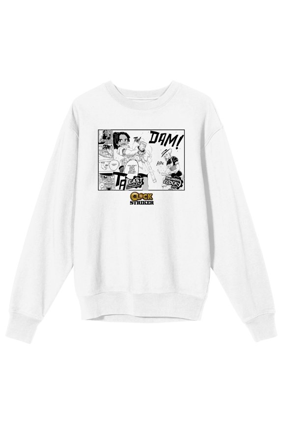 Saturday AM Clock Striker Manga Page Cast and Philomena Adult White Crew Neck Sweatshirt - Small