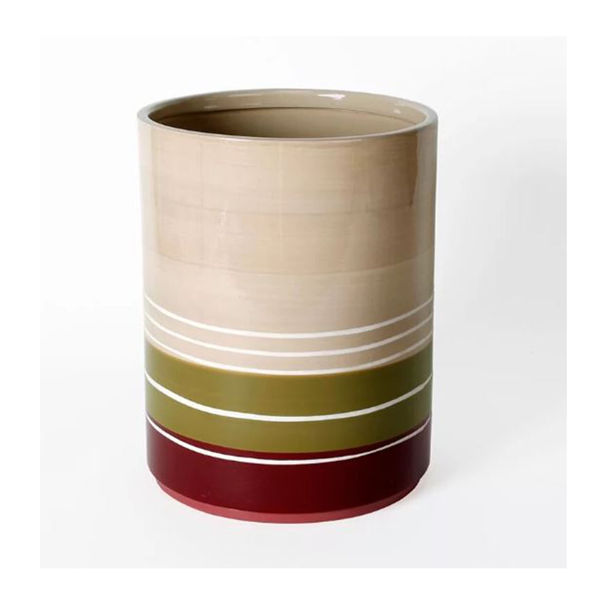 Madison Stripe Red and Beige Ceramic Bathroom Trash Can