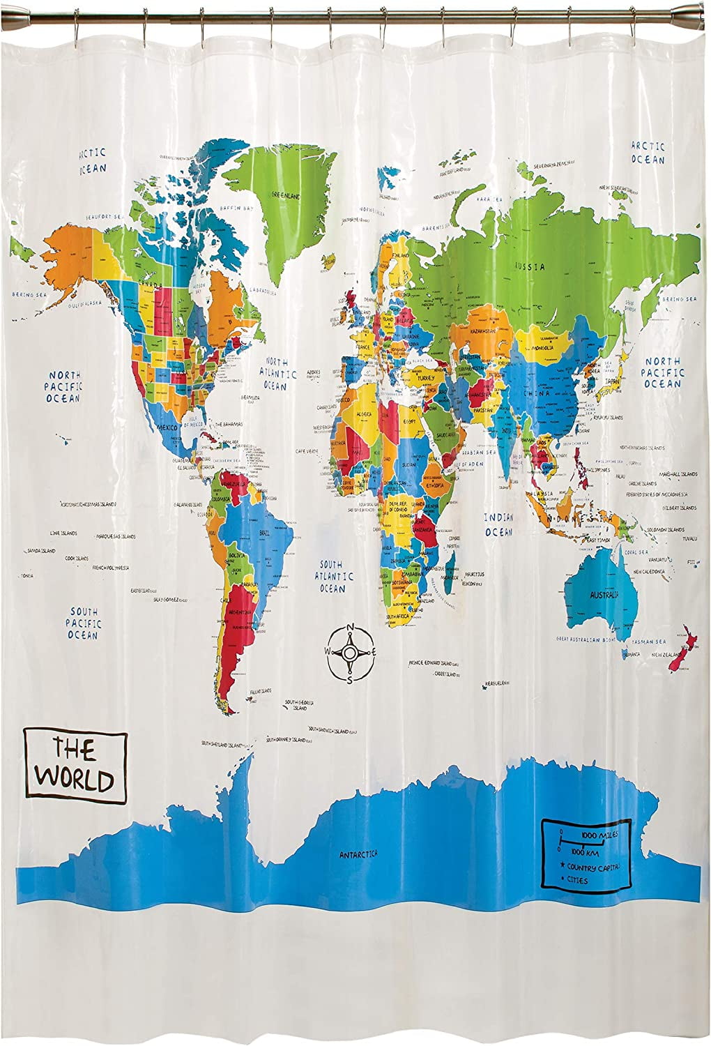Colorful World Map PEVA Shower Curtain with Graphic Detail