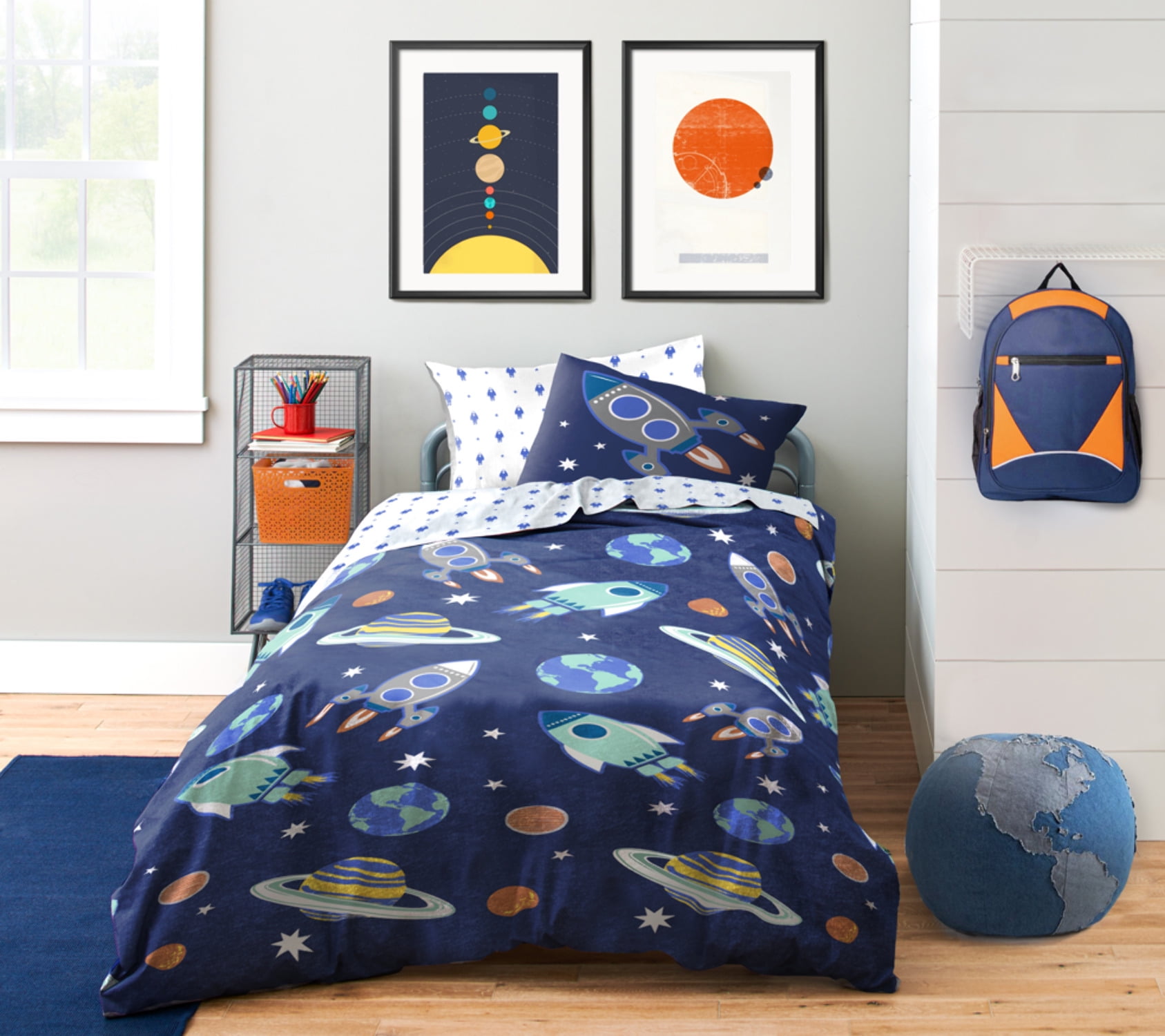 Outer Space Organic Cotton Queen Bed Set with Rocket Ships