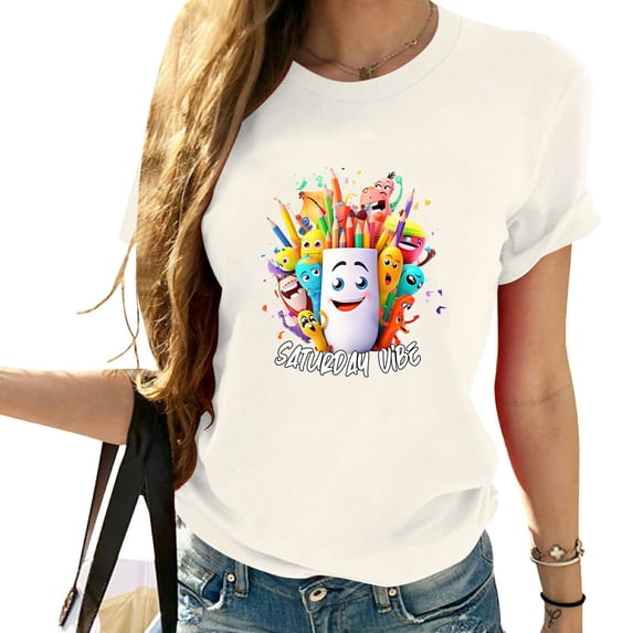 Saturday Vibe Back to School Gifts Women's Graphic T-Shirt, Short Sleeve Top with Unique and Bold Chest Pattern