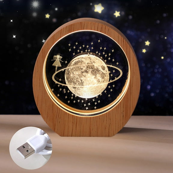 Saturn Crystal Ball,LED Solar System Sphere Lamp with Wooden Base, Decorative Saturn Planet Model Decor Space Universe Gifts for Men, Friends