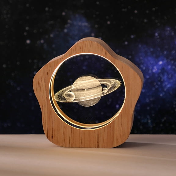 Saturn Crystal Ball with Wooden Light Base, 3D Laser Etched Glass Sphere Decorative Balls Paperweight Gift(60mm)