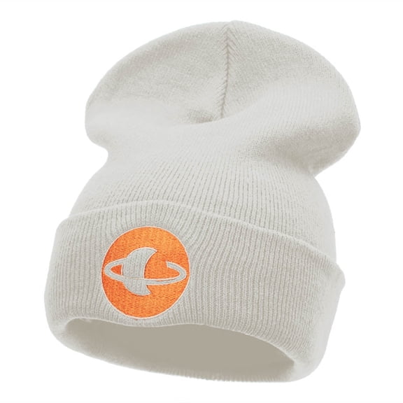 Saturn Insignia Embroidered Long Knitted Beanie - White OSFM