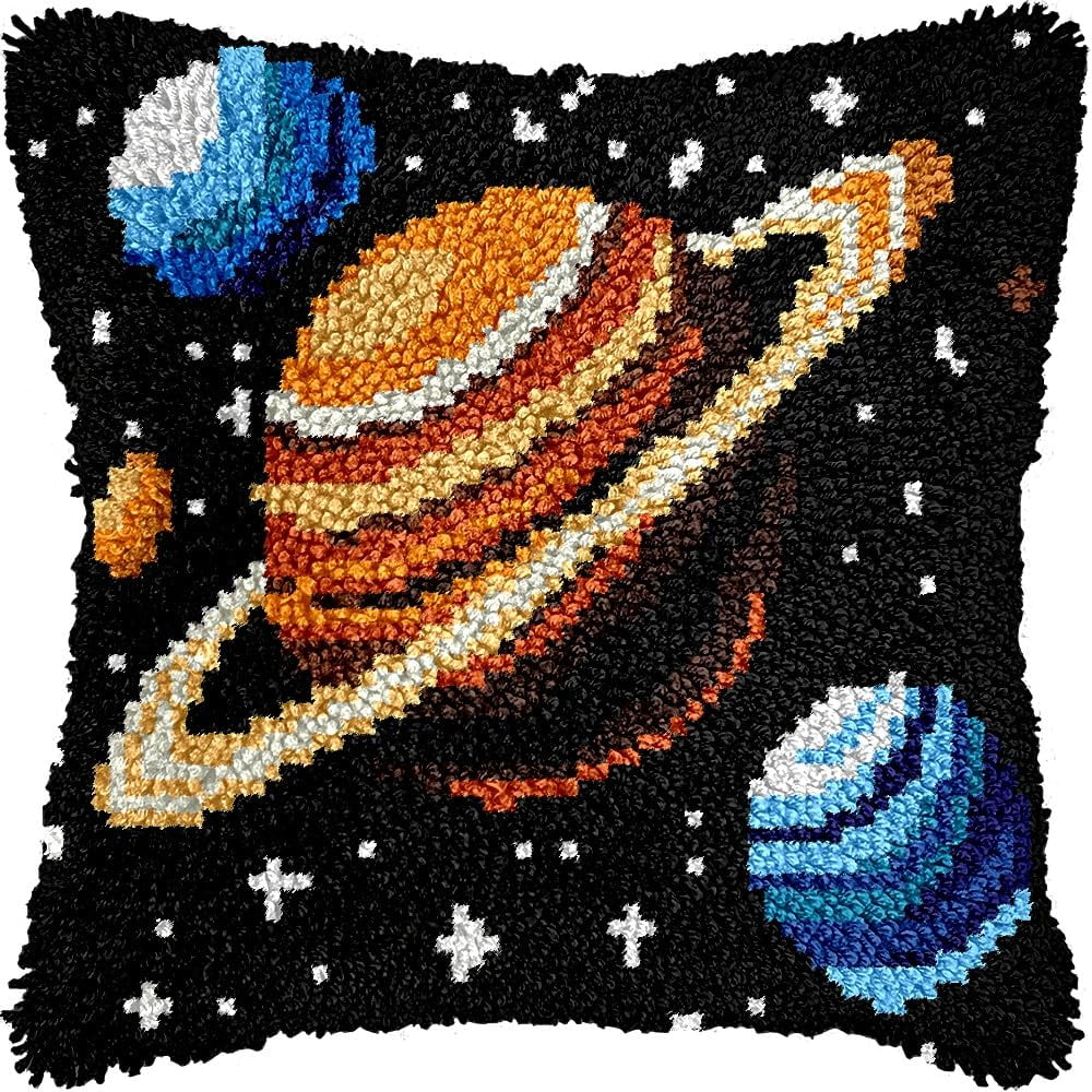 Saturn Planet Latch Hook Kits Pillow DIY Pillowcase Crochet Hook Cushion Making Kits with Preprinted Pattern Canvas Instruction Yarns Pillow Cover Easy Starter DIY Crochet Kits 43x43cm（L55)