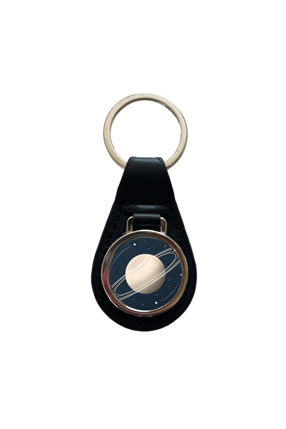Saturn Planet Rings Space Metal Black Leather Keychain