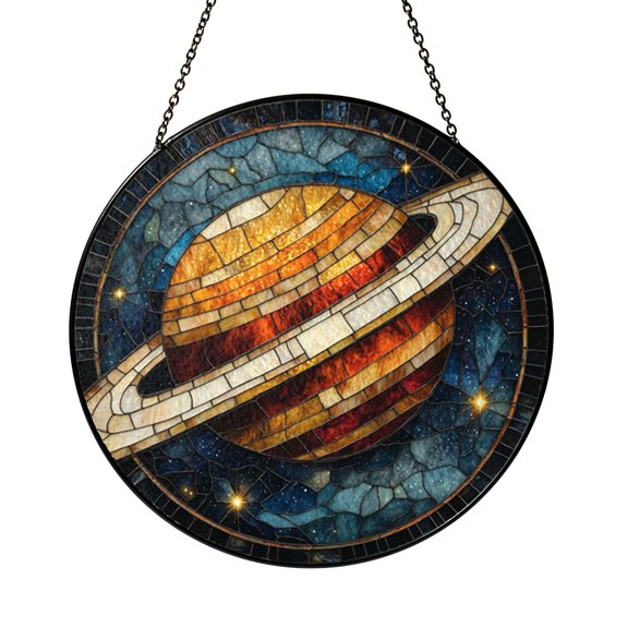 Saturn Planet Space Stained Glass Suncatcher Window Decor, Celestial Inspired Hanging Ornament, Round Glass Art Panel Gift for Astronomy Lovers