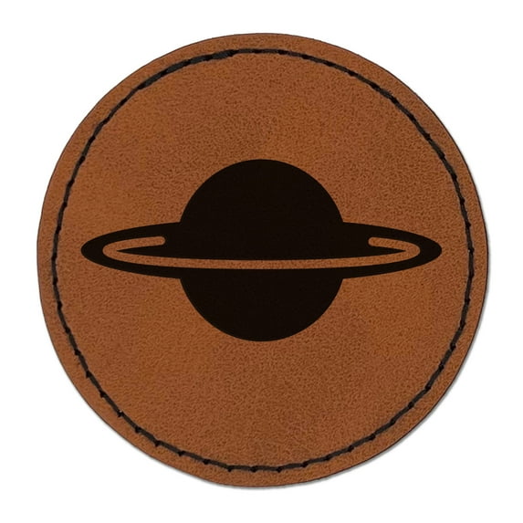 Saturn Planet Symbol 2.5" Faux Leather Round Engraved Iron-On Patch - Brown
