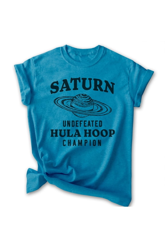 Saturn Undefeated Hula Hoop Champion T-shirt, Unisex Women's Men's Funny Planet Outer Space Shirt , Heather Blue, Medium